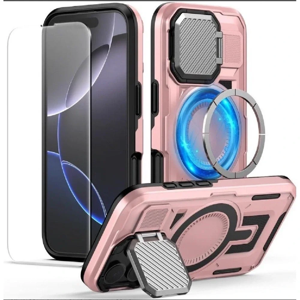 MMHUO iPhone 16 Pro Case MagSafe Military Heavy Duty Camera Stand Rose Gold NIB